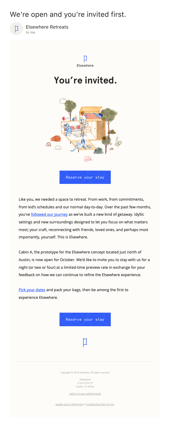 Elsewhere soft launch email